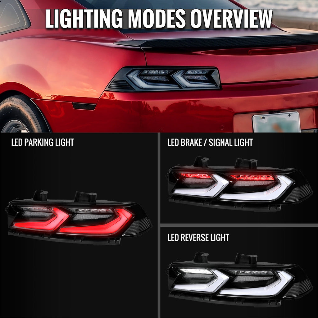 2014-2015 Chevrolet Camaro 5th Gen Sequential LED Turn Signal C8-Style Tail Lights (Black Housing / Clear Lens)