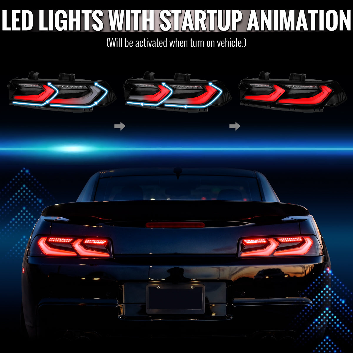 2014-2015 Chevrolet Camaro 5th Gen Sequential LED Turn Signal C8-Style Tail Lights (Black Housing / Smoked Lens)