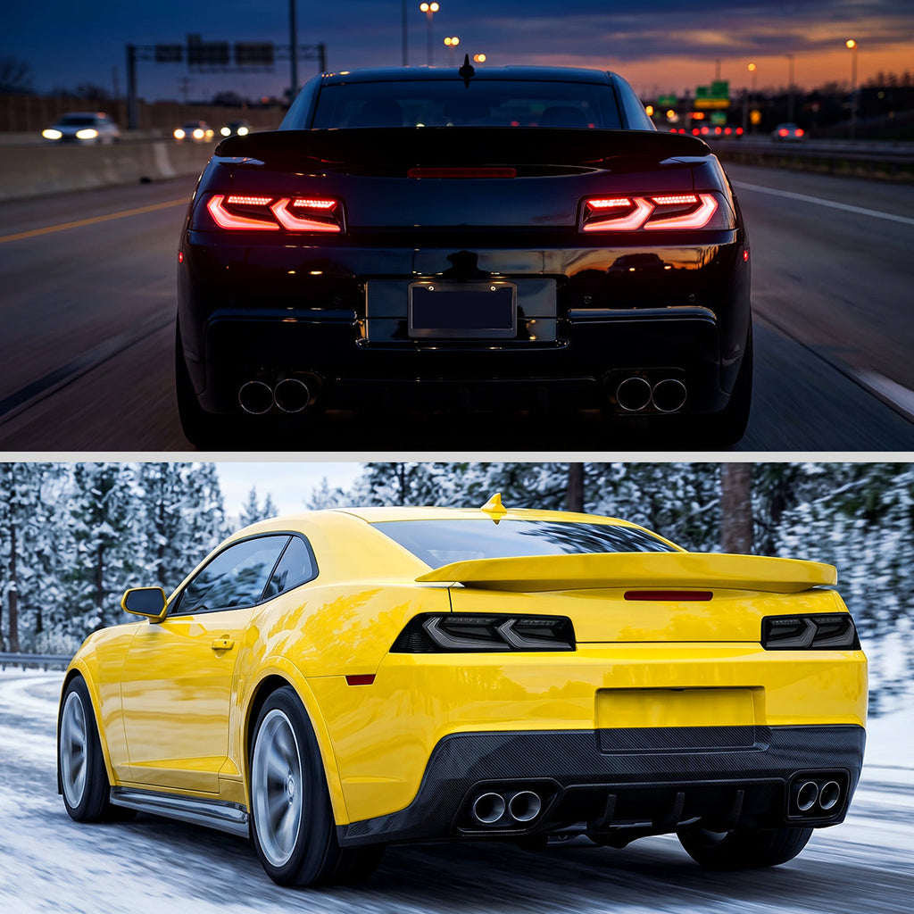 2014-2015 Chevrolet Camaro 5th Gen Sequential LED Turn Signal C8-Style Tail Lights (Black Housing / Smoked Lens)