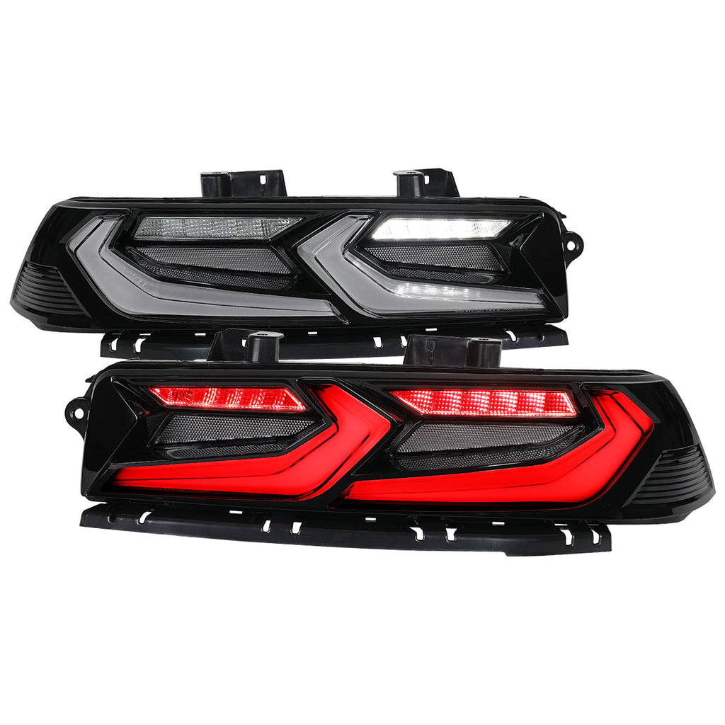 2014-2015 Chevrolet Camaro 5th Gen Sequential LED Turn Signal C8-Style Tail Lights (Black Housing / Smoked Lens)