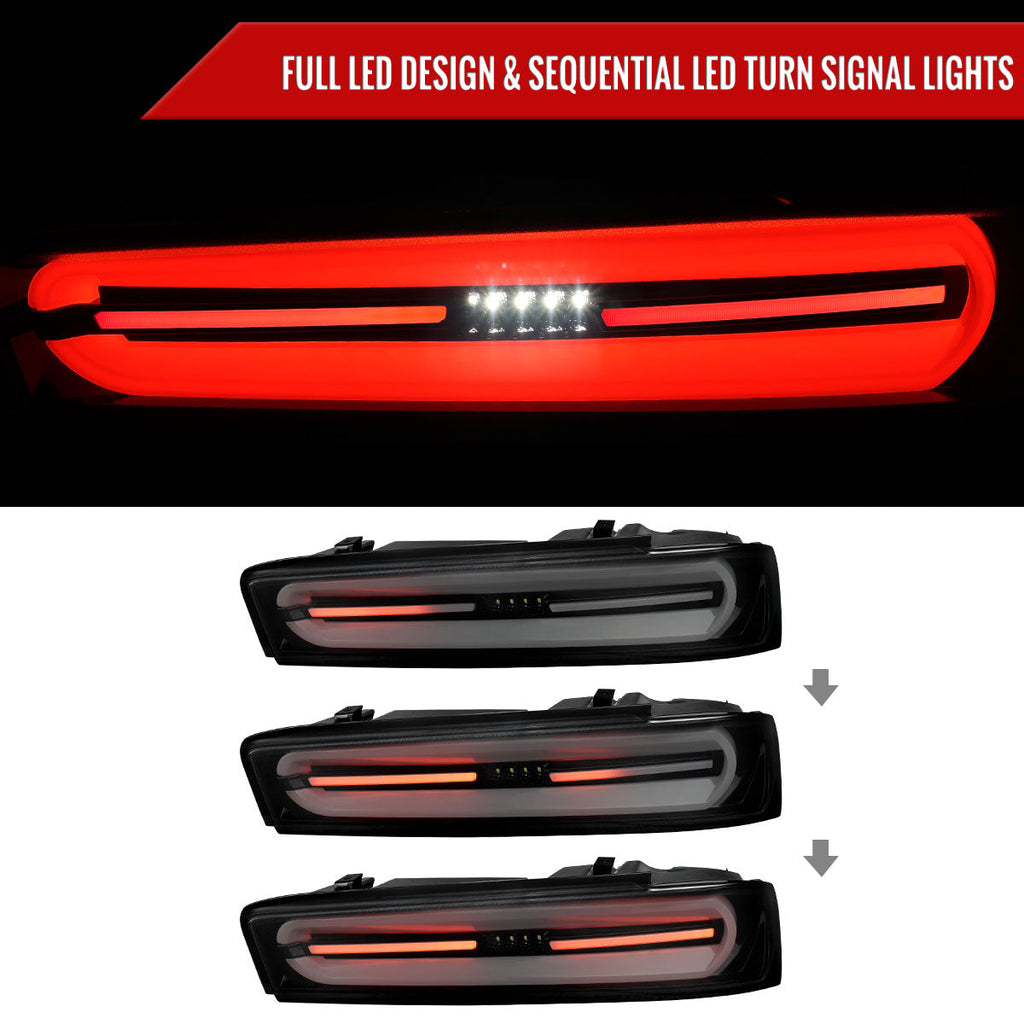 2016-2018 Chevrolet Camaro 6th Gen Full LED Sequential Tail Lights (Glossy Black Housing / Smoked Lens)