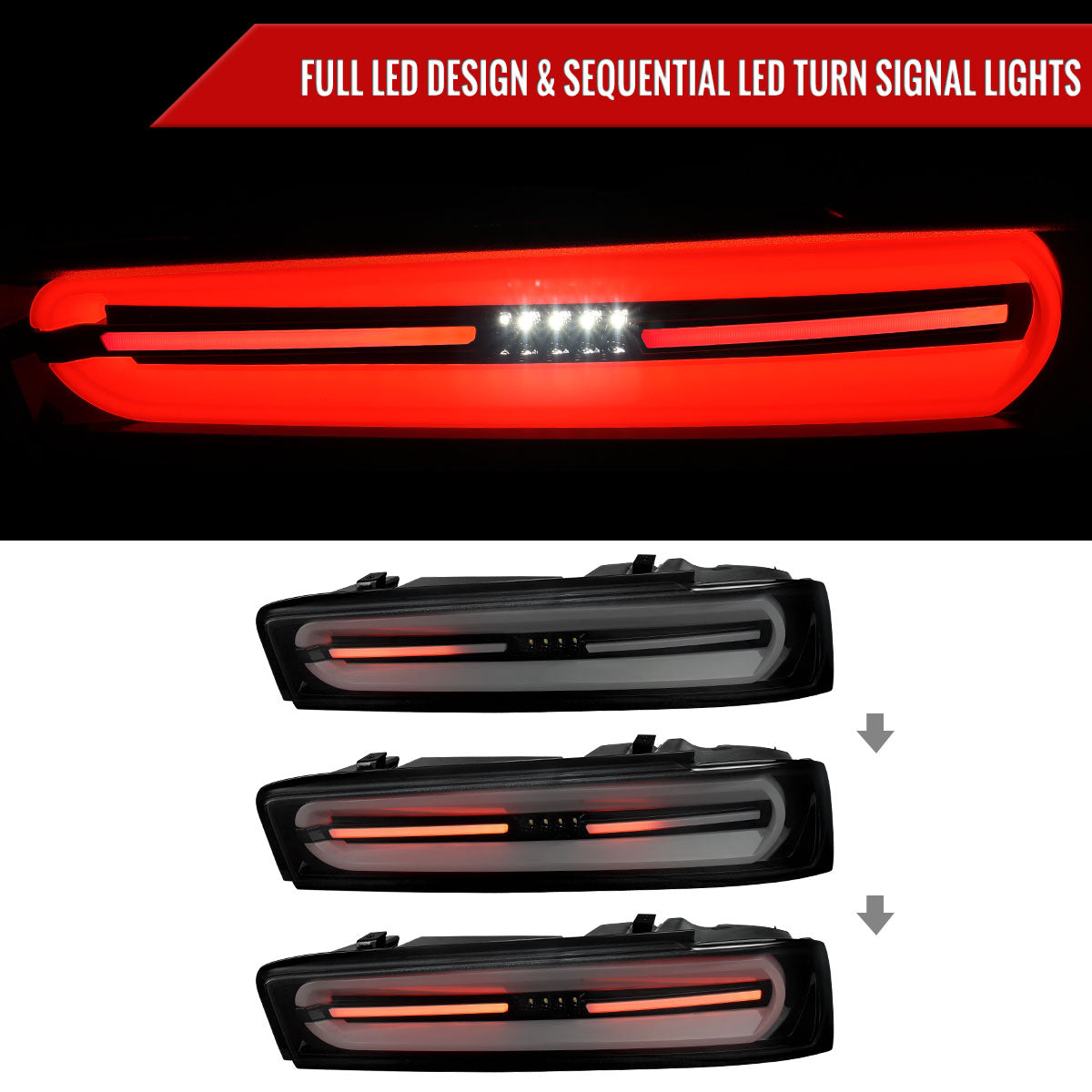 2016-2018 Chevrolet Camaro 6th Gen Full LED Sequential Tail Lights (Glossy Black Housing / Smoked Lens)