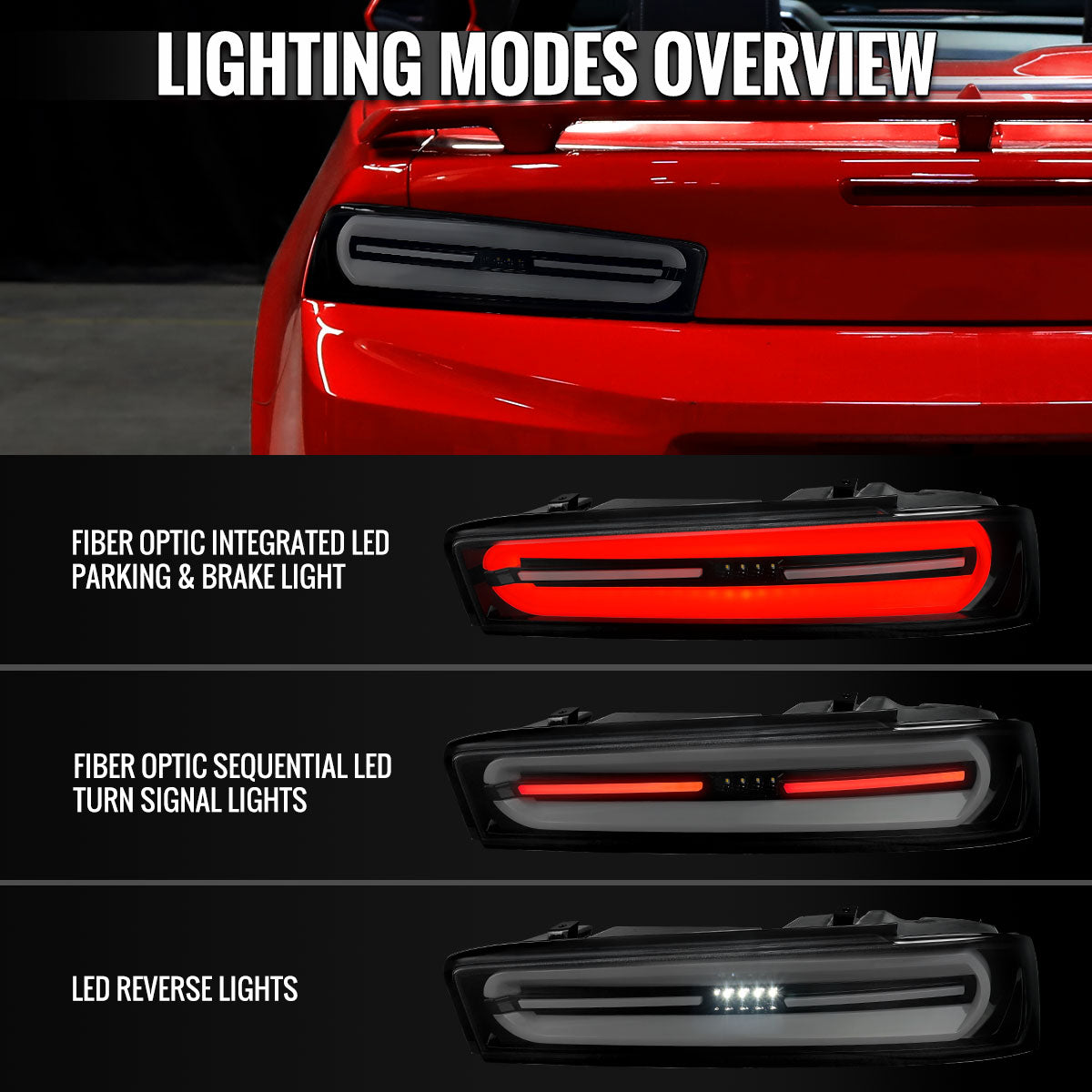 2016-2018 Chevrolet Camaro 6th Gen Full LED Sequential Tail Lights (Glossy Black Housing / Smoked Lens)