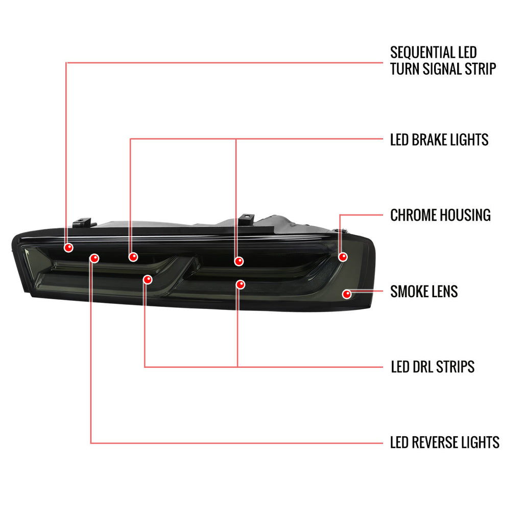 2016-2018 Chevrolet Camaro 6th Gen Sequential LED Tail Lights - VD (Chrome Housing / Smoked Lens)