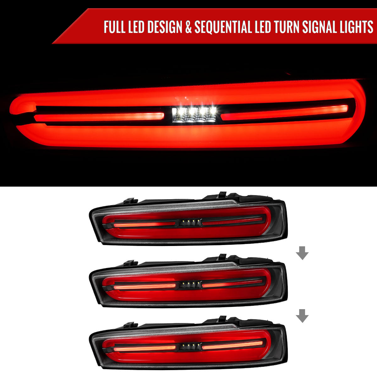 2016-2018 Chevrolet Camaro 6th Gen Full Red LED Sequential Tail Lights (Black Housing / Clear Lens)