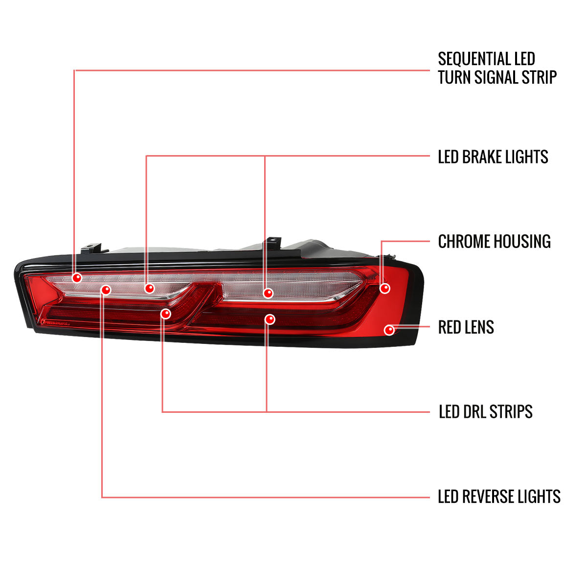 2016-2018 Chevrolet Camaro 6th Gen Sequential LED Tail Lights (Chrome Housing / Red Lens)