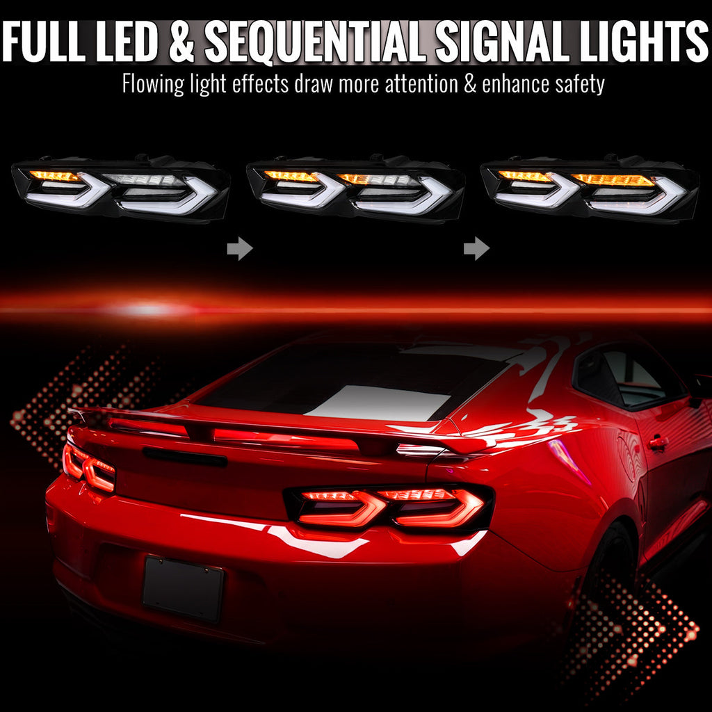 2019-2024 Chevrolet Camaro 6th Gen Sequential LED Turn Signal C8-Style Tail Lights (Black Housing / Clear Lens)