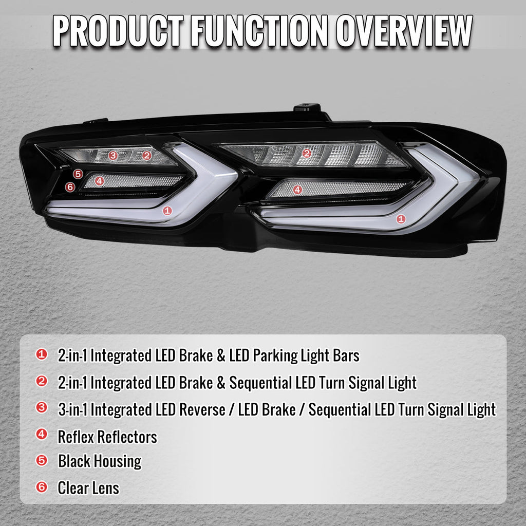 2019-2024 Chevrolet Camaro 6th Gen Sequential LED Turn Signal C8-Style Tail Lights (Black Housing / Clear Lens)