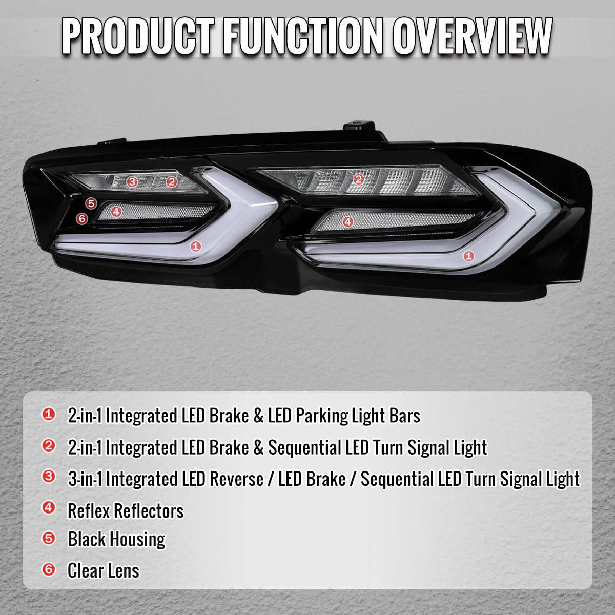 2019-2024 Chevrolet Camaro 6th Gen Sequential LED Turn Signal C8-Style Tail Lights (Black Housing / Clear Lens)