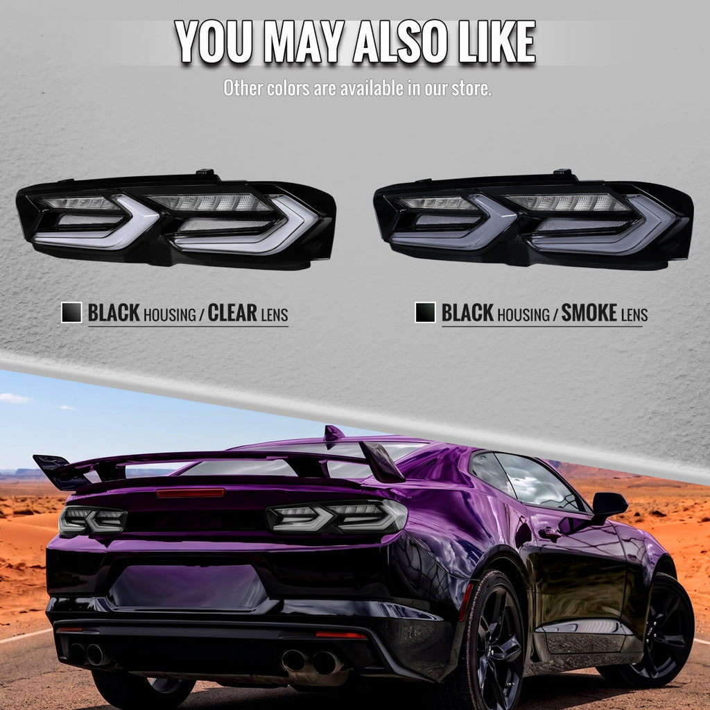 2019-2024 Chevrolet Camaro 6th Gen Sequential LED Turn Signal C8-Style Tail Lights (Black Housing / Clear Lens)