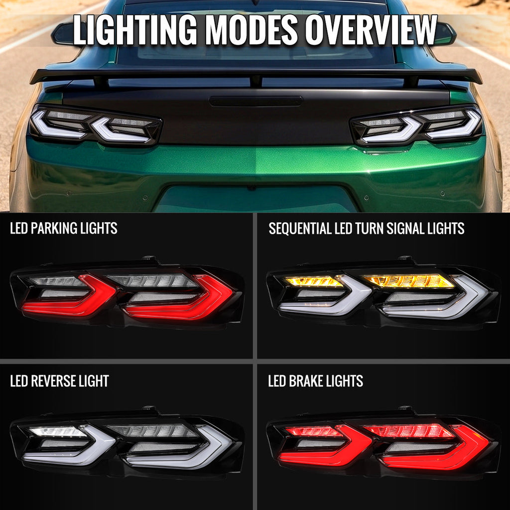 2019-2024 Chevrolet Camaro 6th Gen Sequential LED Turn Signal C8-Style Tail Lights (Black Housing / Clear Lens)