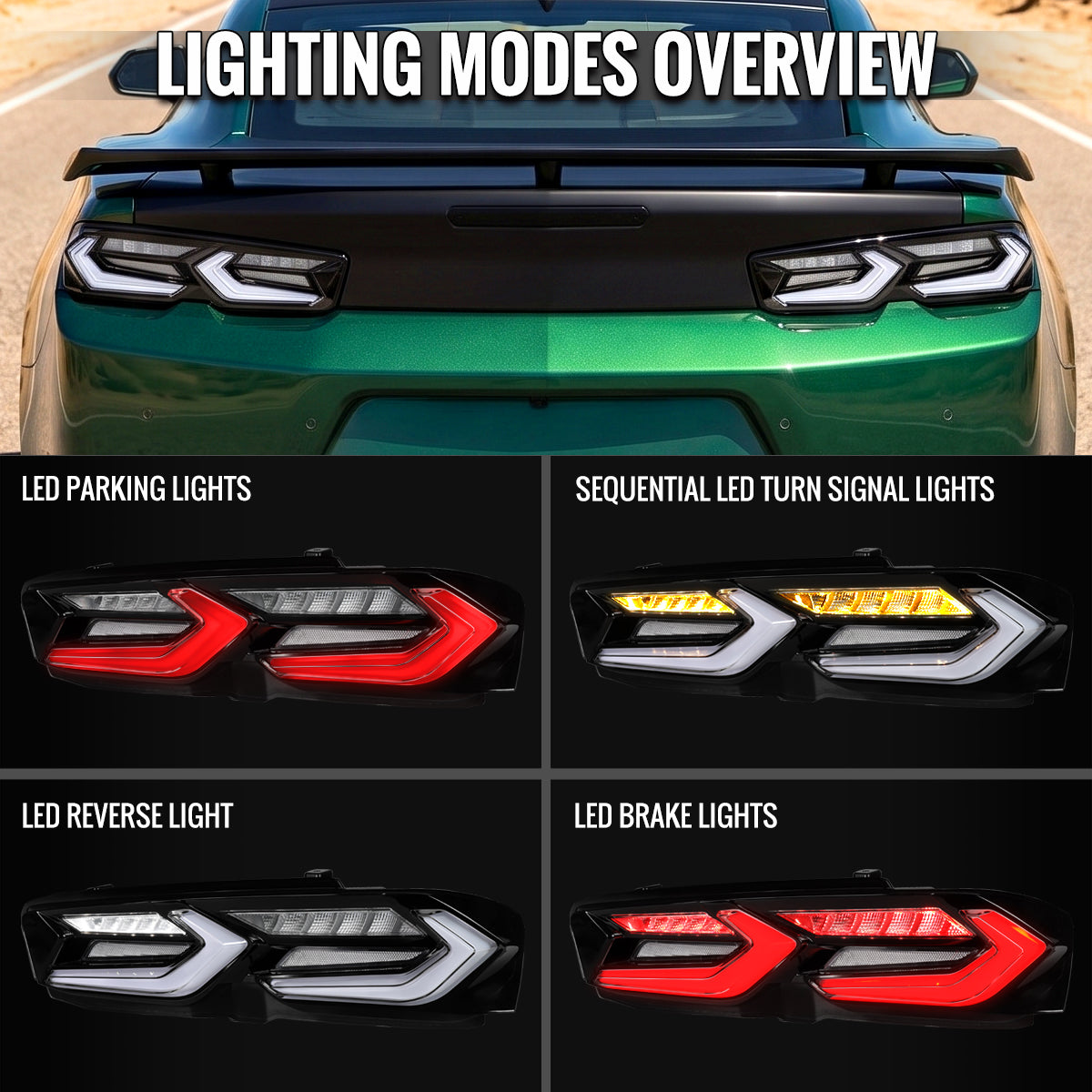 2019-2024 Chevrolet Camaro 6th Gen Sequential LED Turn Signal C8-Style Tail Lights (Black Housing / Clear Lens)