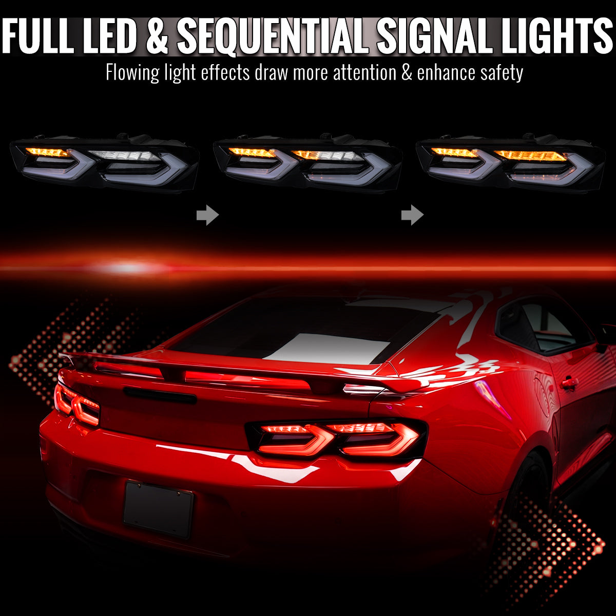 2019-2024 Chevrolet Camaro 6th Gen Sequential LED Turn Signal C8-Style Tail Lights (Black Housing / Smoked Lens)