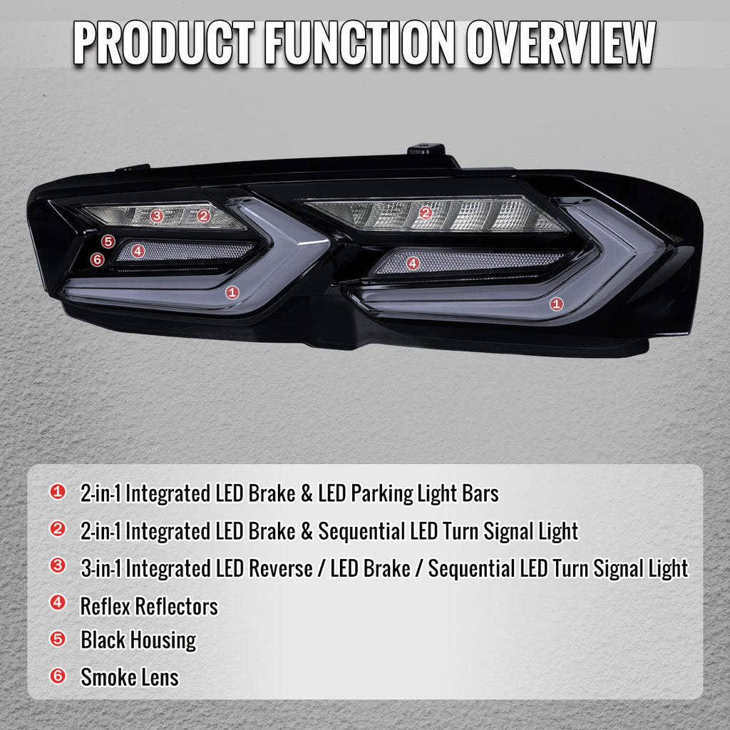 2019-2024 Chevrolet Camaro 6th Gen Sequential LED Turn Signal C8-Style Tail Lights (Black Housing / Smoked Lens)