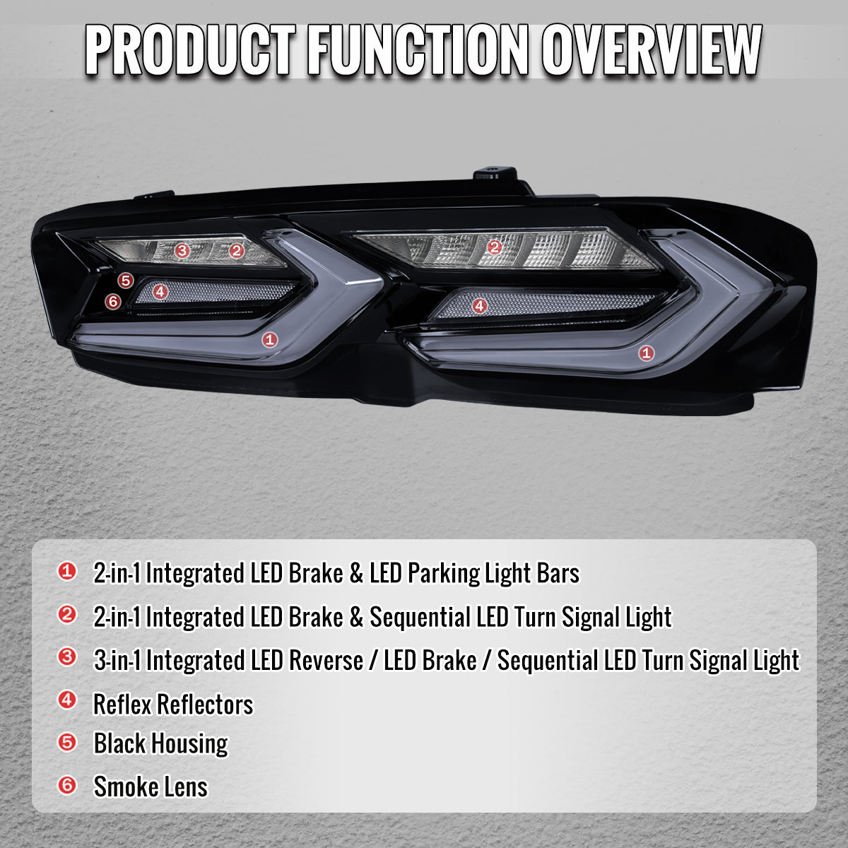 2019-2024 Chevrolet Camaro 6th Gen Sequential LED Turn Signal C8-Style Tail Lights (Black Housing / Smoked Lens)