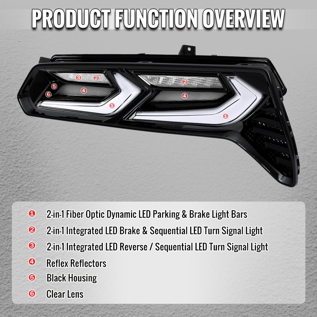 2014-2019 Chevrolet Corvette C7 Sequential LED Turn Signal C8-Style Tail Lights (Black Housing / Clear Lens)