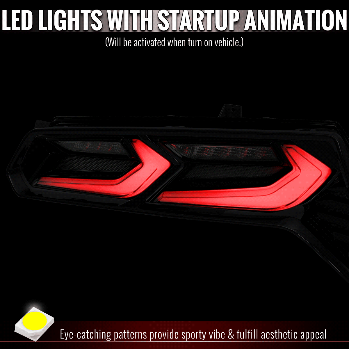 2014-2019 Chevrolet Corvette C7 Sequential LED Turn Signal C8-Style Tail Lights (Black Housing / Smoked Lens)