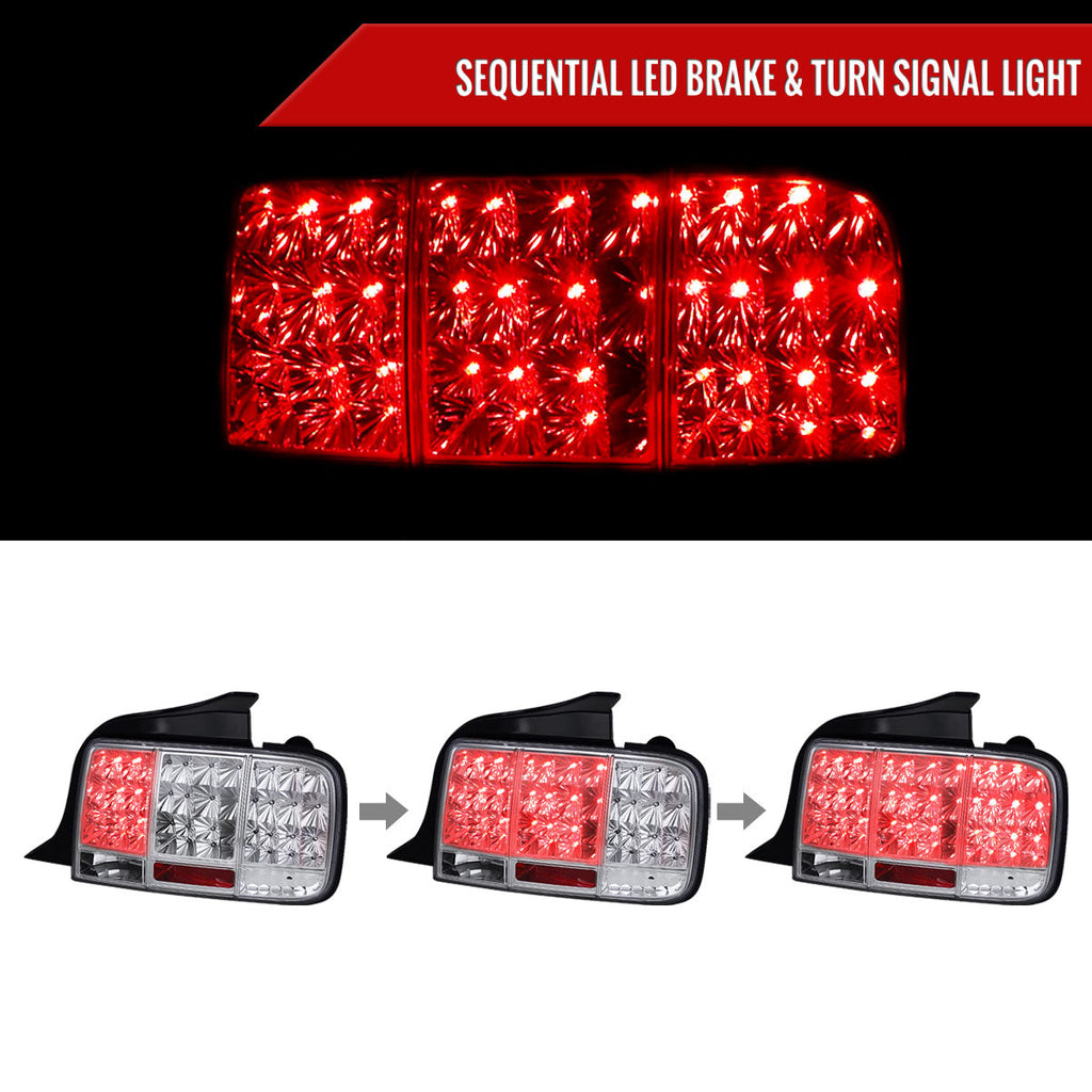 2005-2009 Ford Mustang S197 Sequential LED Tail Lights (Chrome Housing / Clear Lens)