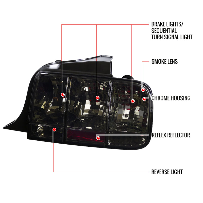 2005-2009 Ford Mustang S197 Sequential Tail Lights (Chrome Housing / Smoked Lens)
