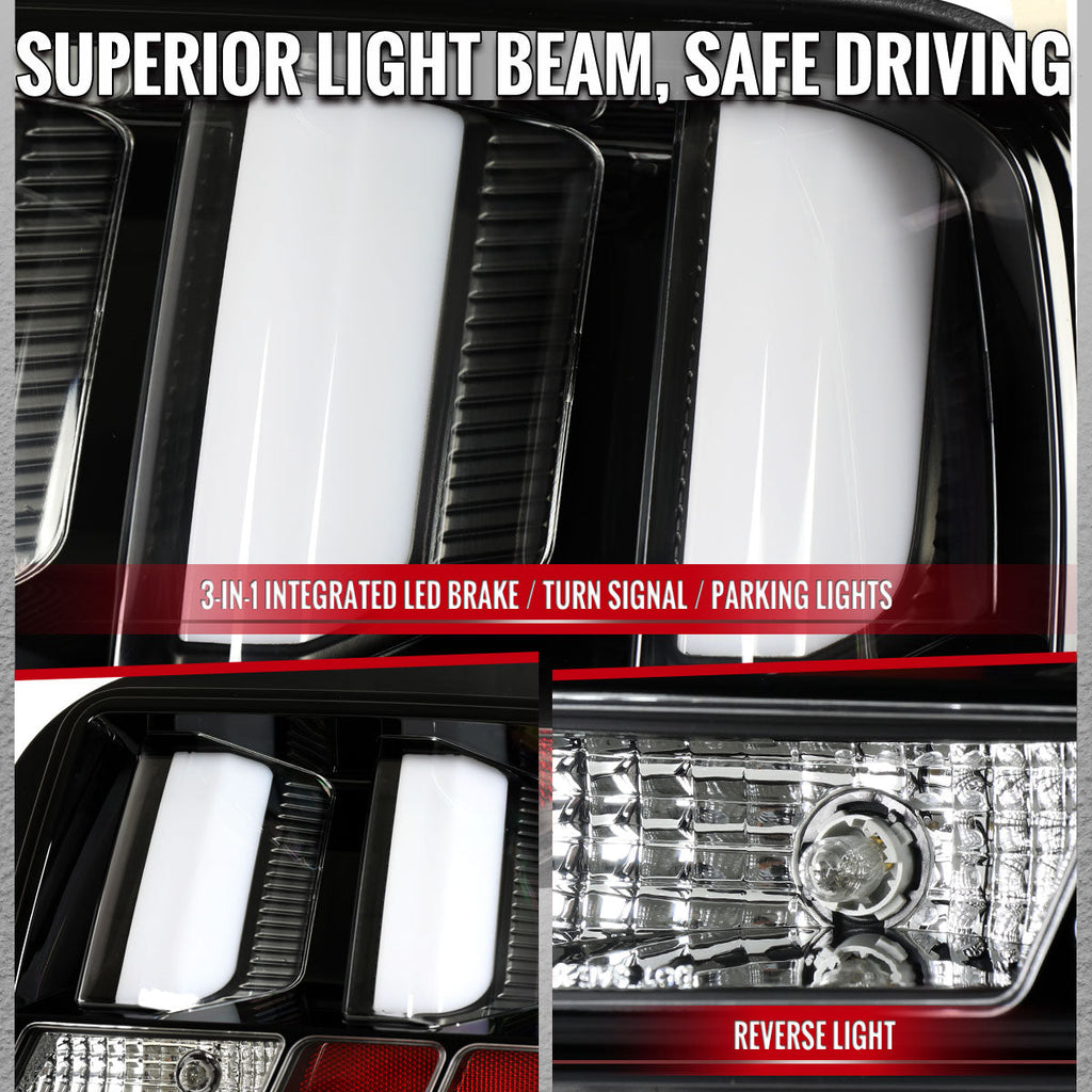 2005-2009 Ford Mustang S197 LED Tail Brake Signal Lights (Black Housing / Clear Lens / White Bars)