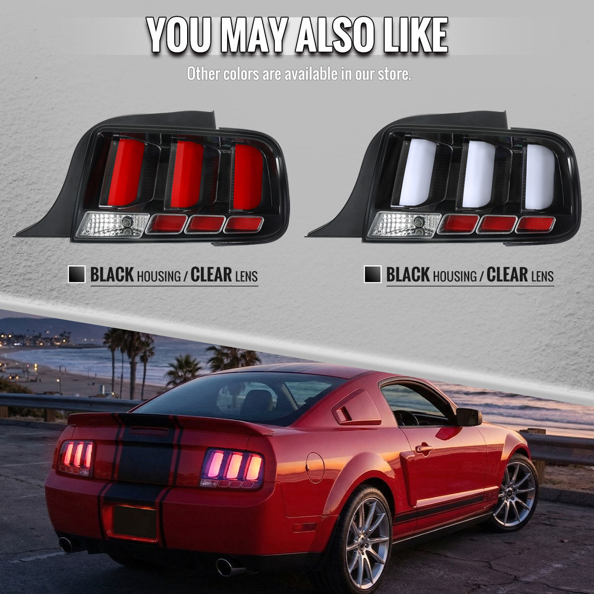 2005-2009 Ford Mustang S197 LED Tail Brake Signal Lights (Black Housing / Clear Lens / White Bars)