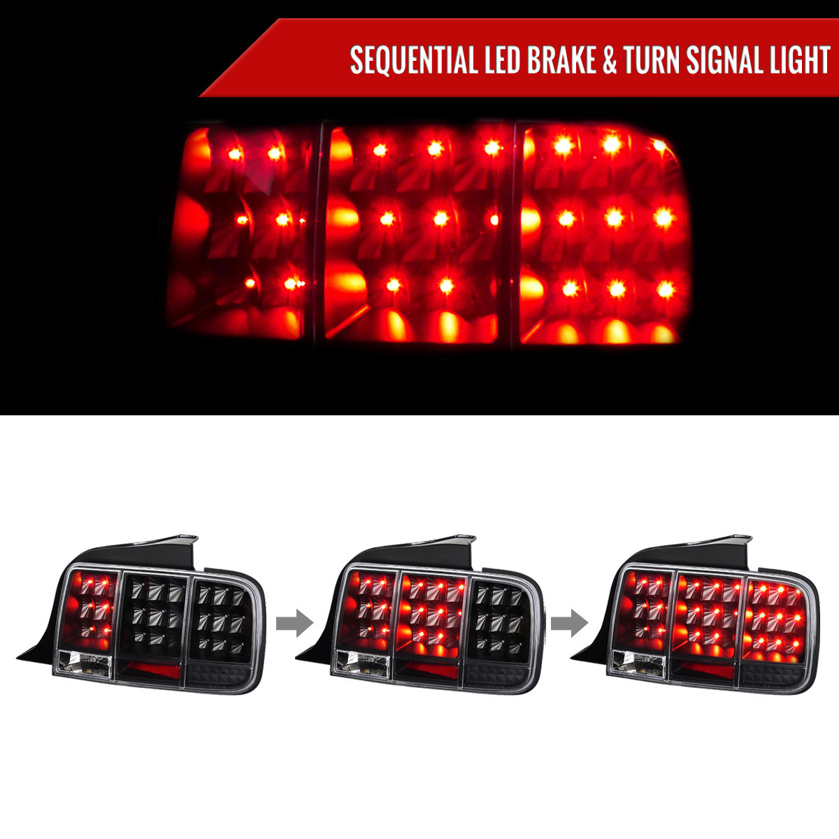 2005-2009 Ford Mustang S197 Sequential LED Tail Lights (Matte Black Housing / Clear Lens)