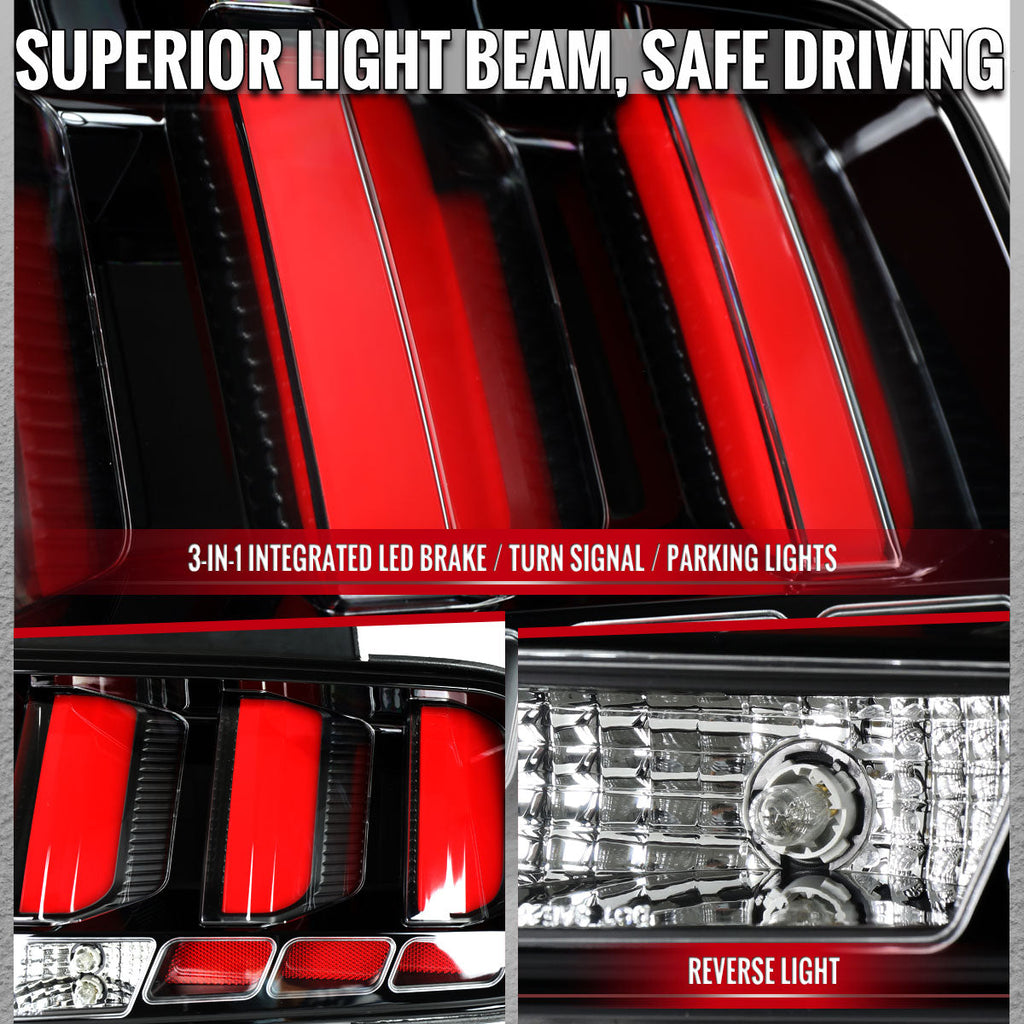 2005-2009 Ford Mustang S197 LED Tail Brake Signal Lights (Black Housing / Clear Lens / Red Bars)