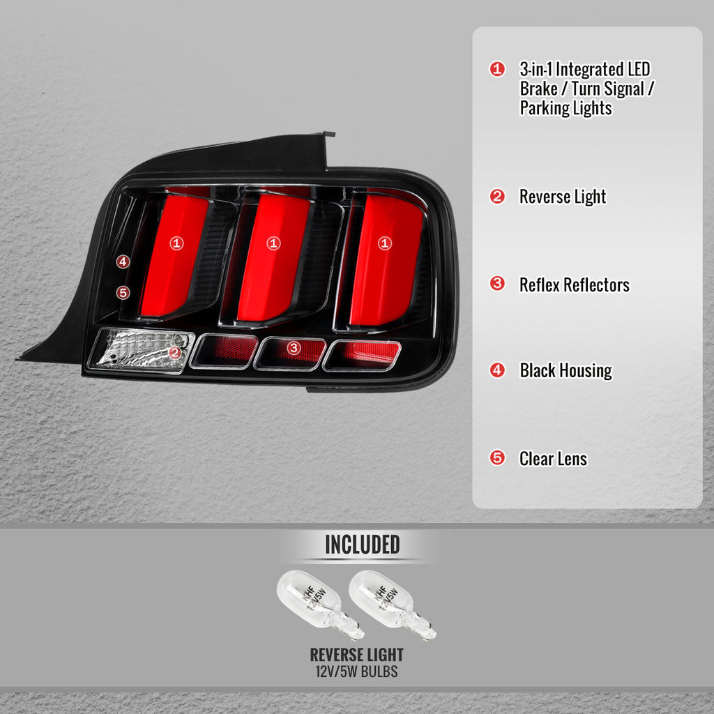 2005-2009 Ford Mustang S197 LED Tail Brake Signal Lights (Black Housing / Clear Lens / Red Bars)