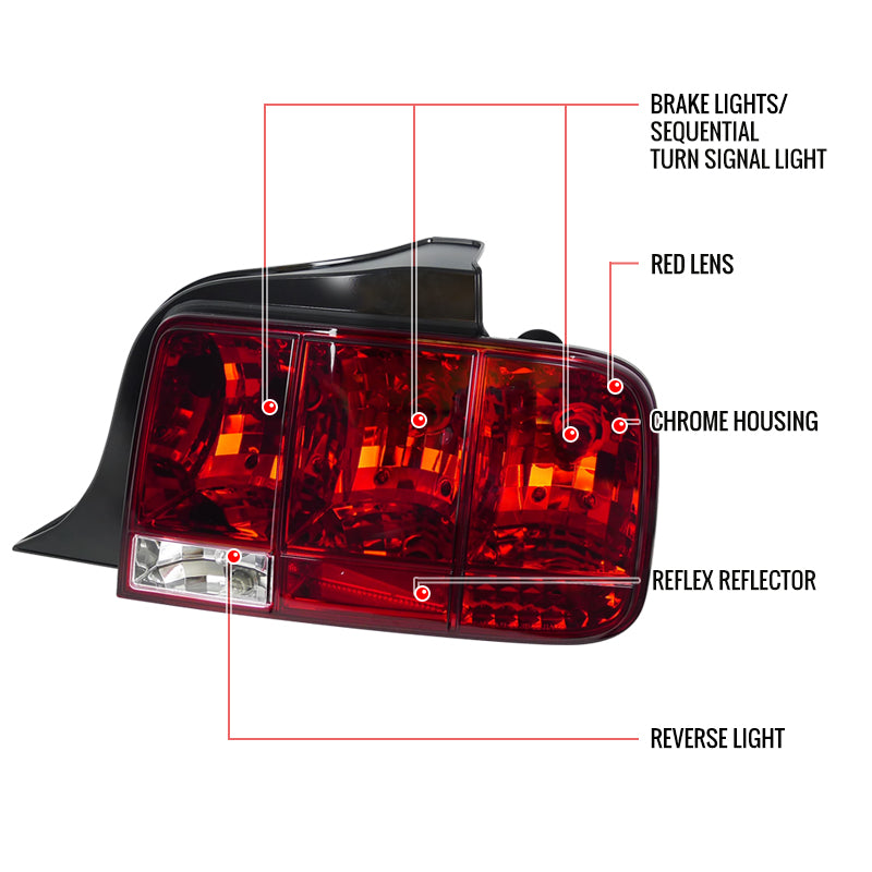 2005-2009 Ford Mustang S197 Sequential Tail Lights (Chrome Housing / Red Lens)