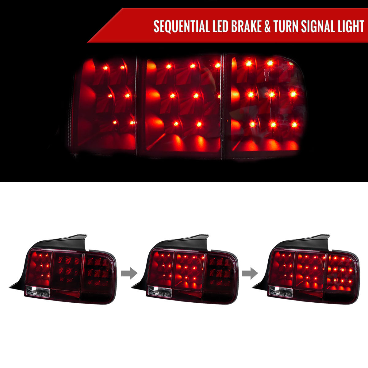 2005-2009 Ford Mustang S197 Sequential LED Tail Lights (Chrome Housing / Red Smoked Lens)