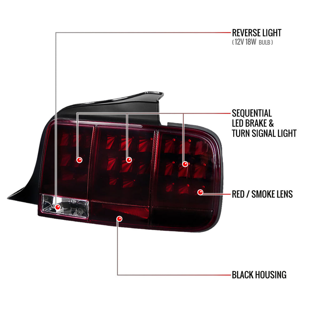 2005-2009 Ford Mustang S197 Sequential LED Tail Lights (Chrome Housing / Red Smoked Lens)