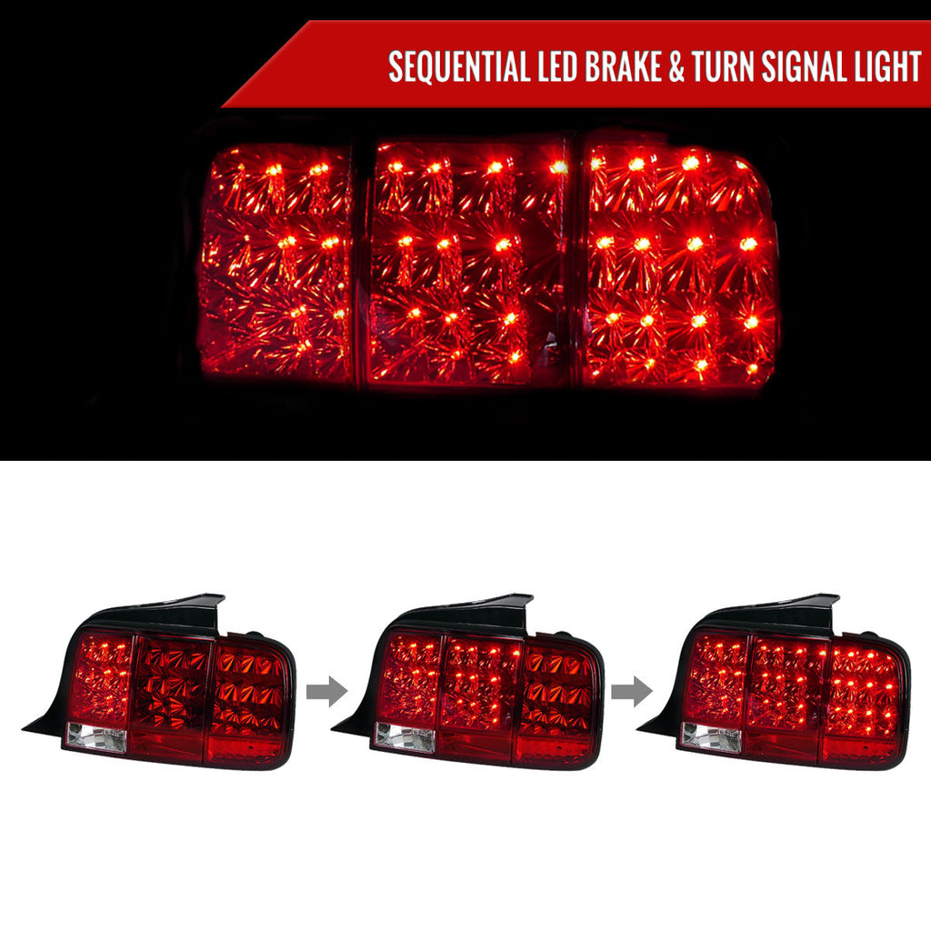 2005-2009 Ford Mustang S197 Sequential LED Tail Lights (Chrome Housing / Red Lens)