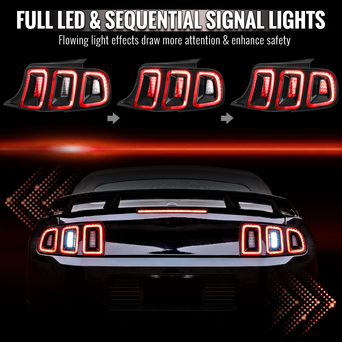 2010-2012 Ford Mustang S197 Base GT Red Tail Lights w/ Sequential LED Turn Signal (Black Housing / Clear Lens)