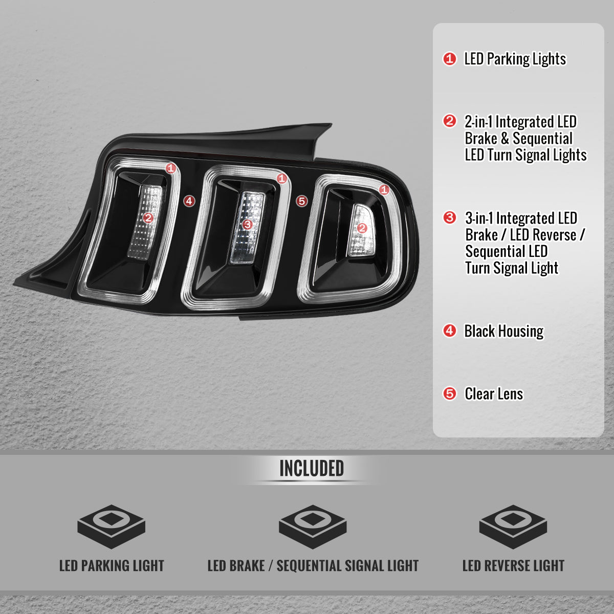 2010-2012 Ford Mustang S197 Base GT Red Tail Lights w/ Sequential LED Turn Signal (Black Housing / Clear Lens)