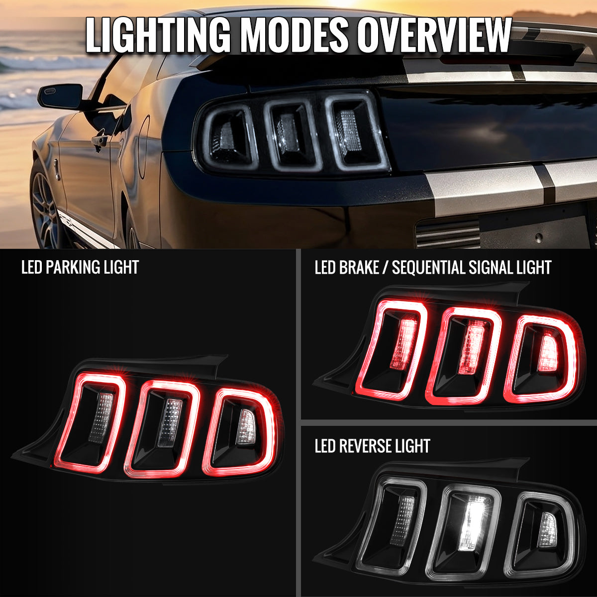 2010-2012 Ford Mustang S197 Base GT Red Tail Lights w/ Sequential LED Turn Signal (Black Housing / Clear Lens)