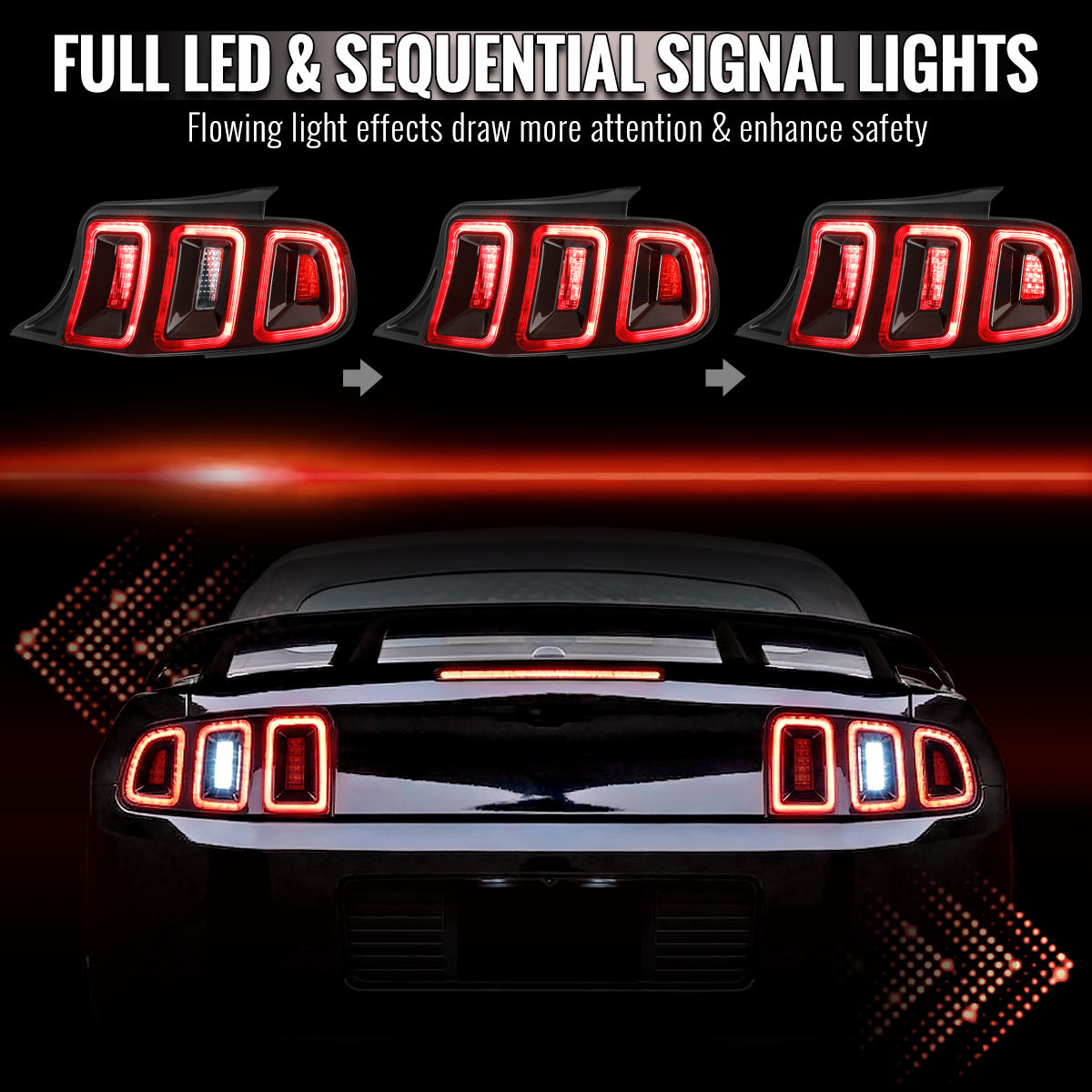 2010-2012 Ford Mustang S197 Base GT Red Tail Lights w/ Sequential LED Turn Signal (Black Housing / Red Lens)