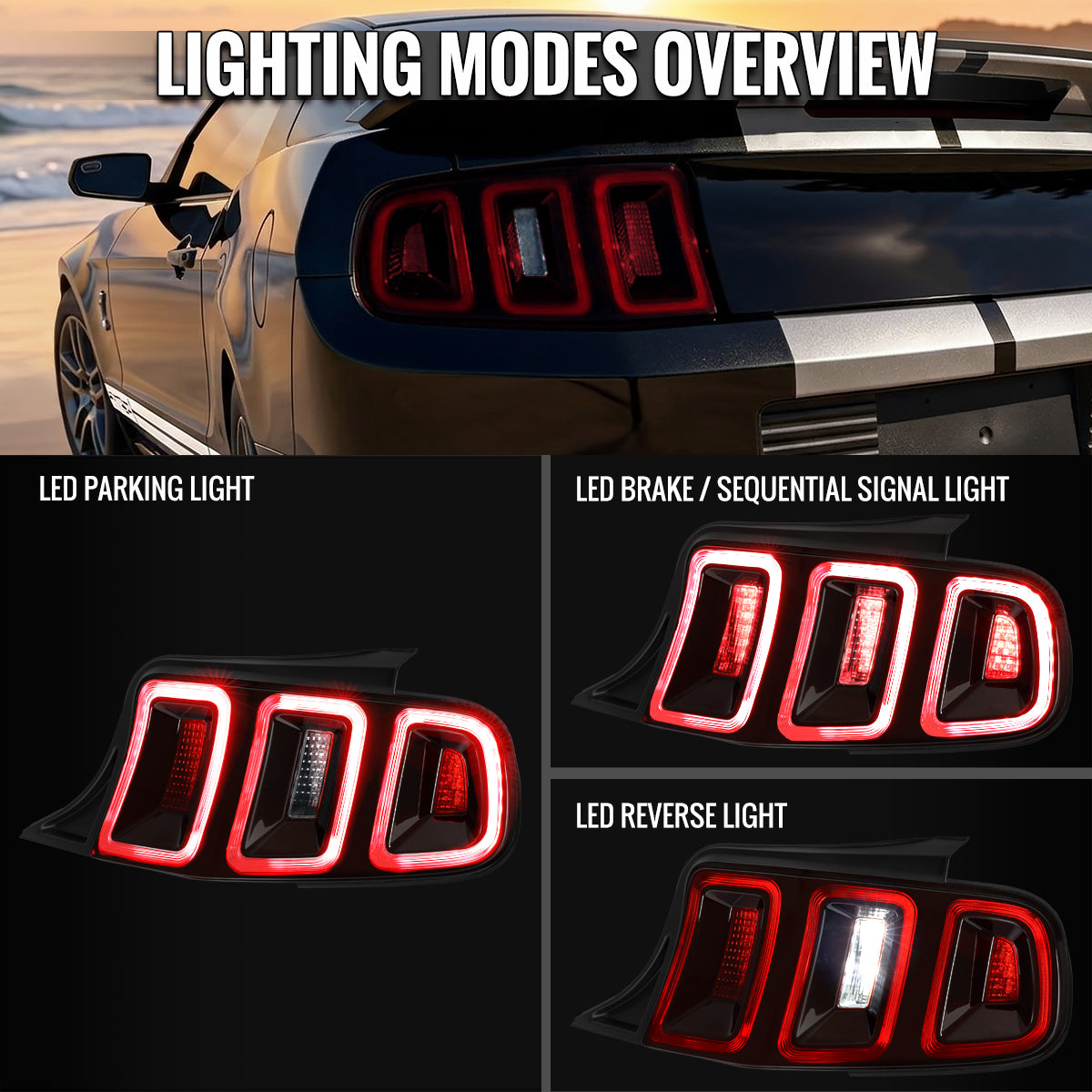 2010-2012 Ford Mustang S197 Base GT Red Tail Lights w/ Sequential LED Turn Signal (Black Housing / Red Lens)