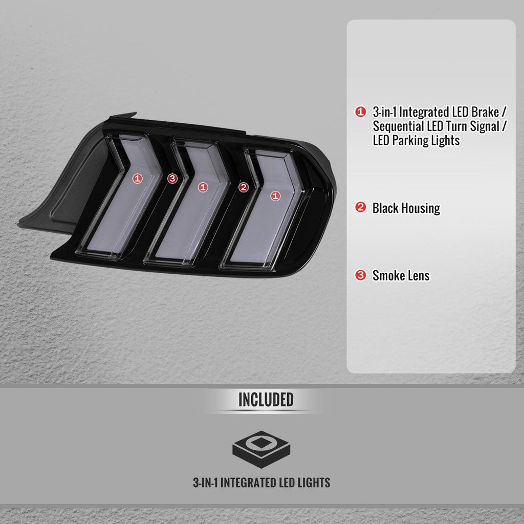 2015-2023 Ford Mustang S550 Sequential LED Turn Signal Tail Lights (Black Housing / Smoked Lens)
