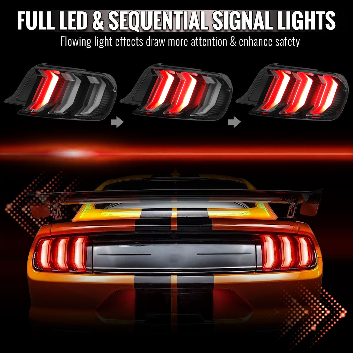 2015-2023 Ford Mustang S550 Sequential LED Turn Signal Euro Tail Lights (Black Housing / Smoked Lens)