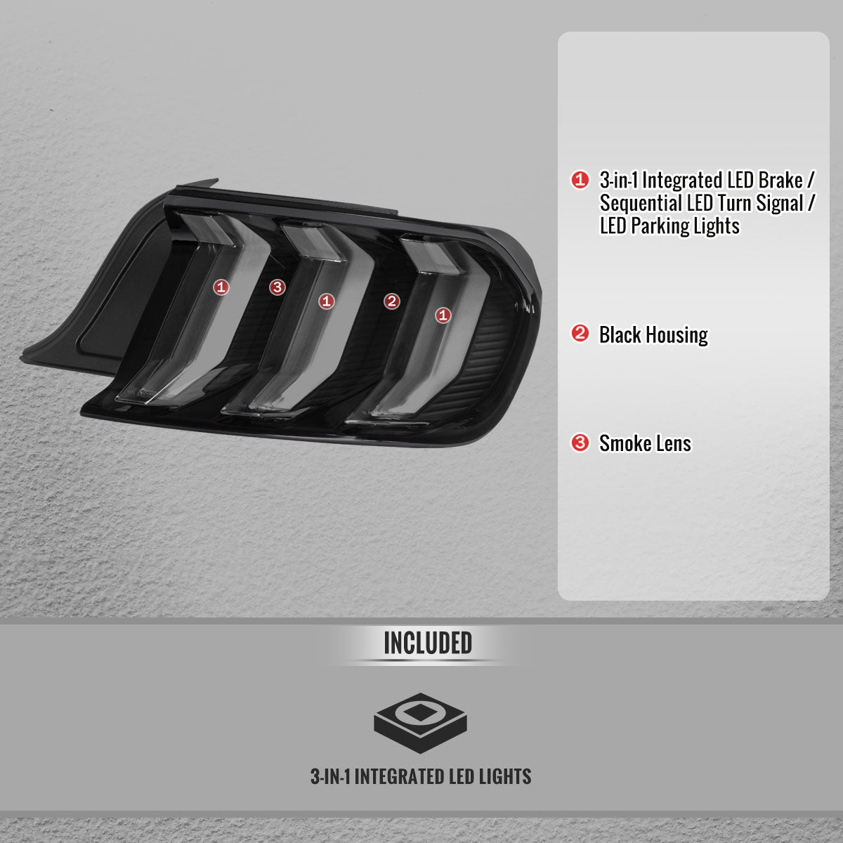 2015-2023 Ford Mustang S550 Sequential LED Turn Signal Euro Tail Lights (Black Housing / Smoked Lens)