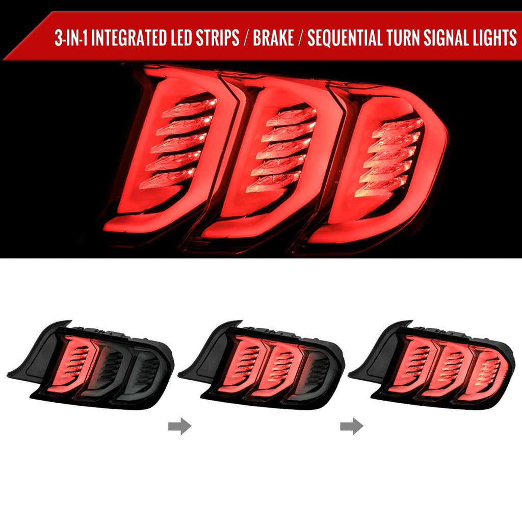 2015-2023 Ford Mustang S550 Sequential Signal LED Tail Lights (Glossy Black Housing / Smoked Lens)