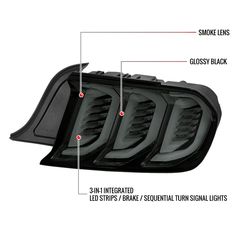 2015-2023 Ford Mustang S550 Sequential Signal LED Tail Lights (Glossy Black Housing / Smoked Lens)