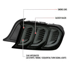 2015-2023 Ford Mustang S550 Sequential Signal LED Tail Lights (Glossy Black Housing / Smoked Lens)