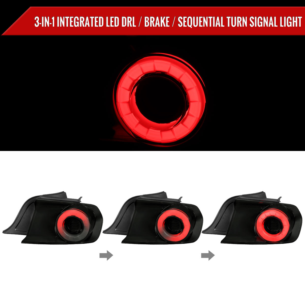 2015-2022 Ford Mustang S550 Coupe/Convertible LED Tail Lights (Glossy Black Housing / Smoked Lens)