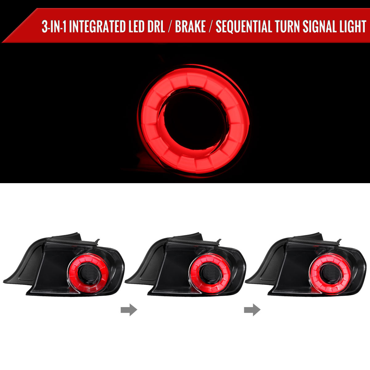 2015-2022 Ford Mustang S550 Coupe/Convertible Red LED Bar Tail Lights (Glossy Black Housing / Clear Lens)