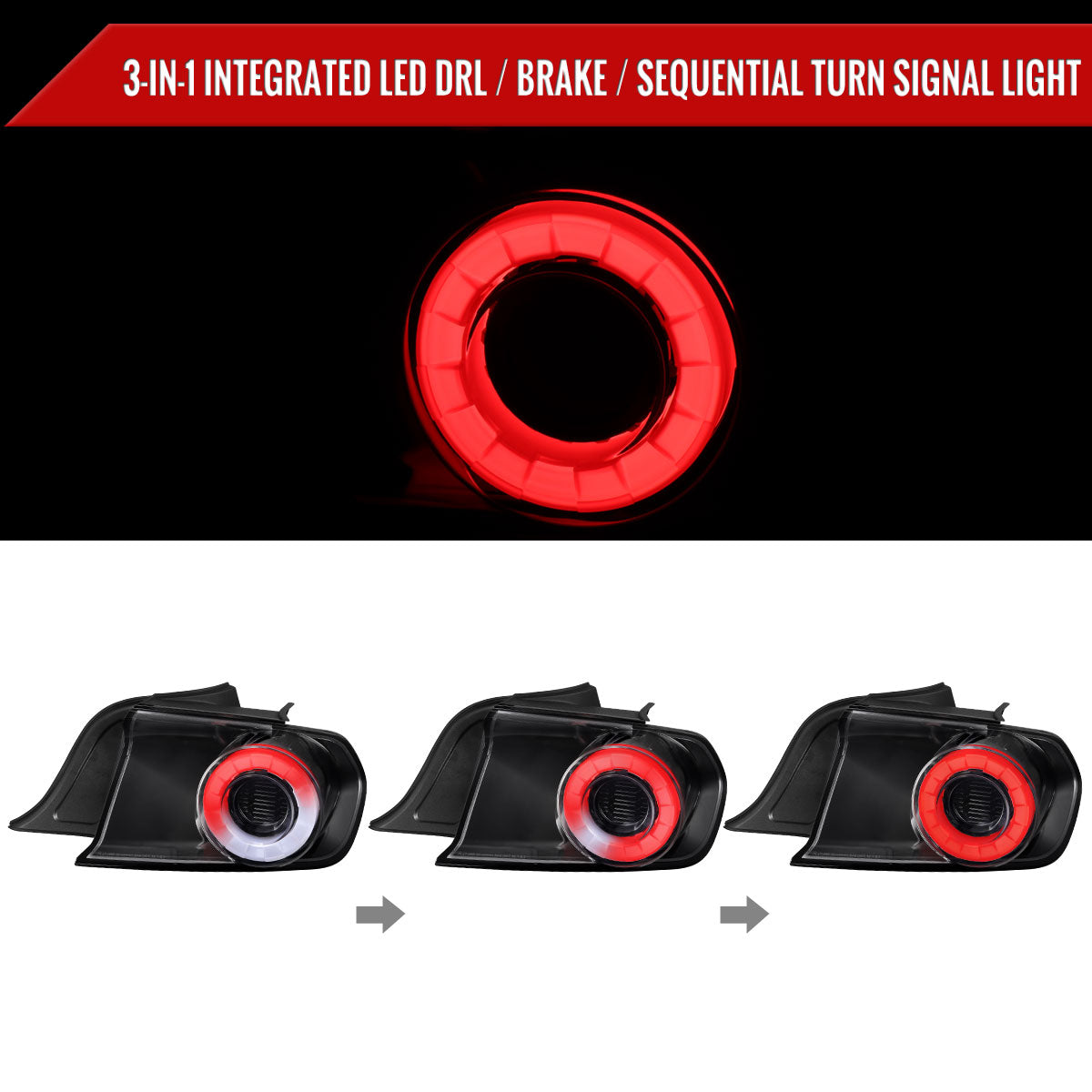 2015-2022 Ford Mustang S550 Coupe/Convertible White LED Bar Tail Lights (Glossy Black Housing / Clear Lens)