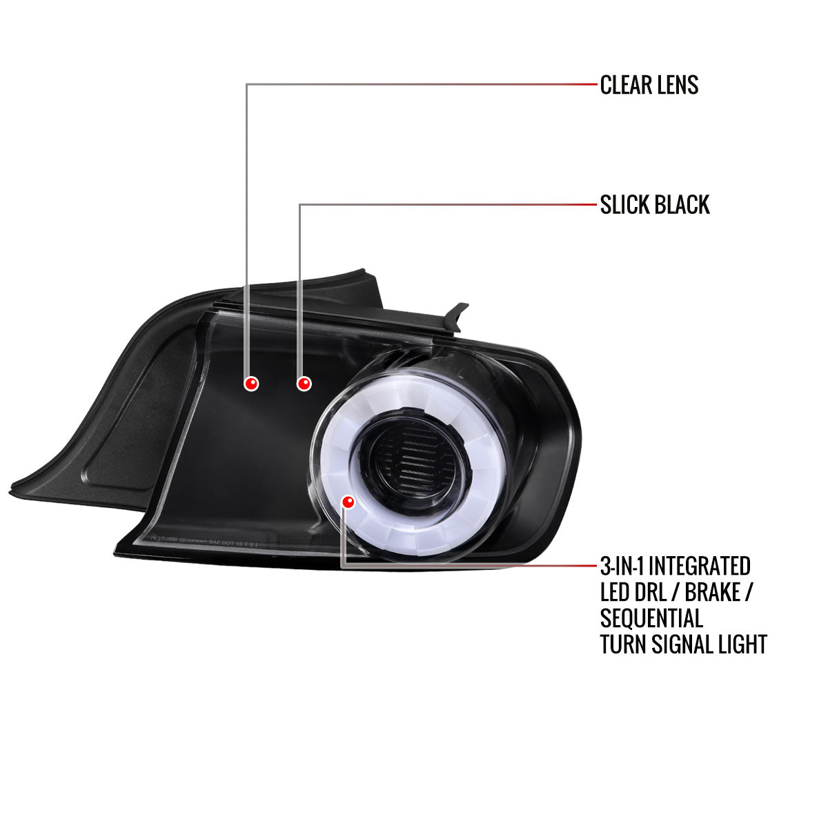 2015-2022 Ford Mustang S550 Coupe/Convertible White LED Bar Tail Lights (Glossy Black Housing / Clear Lens)