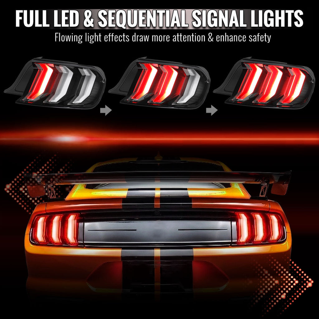 2015-2023 Ford Mustang S550 Sequential LED Turn Signal Euro Tail Lights (Black Housing / Clear Lens)
