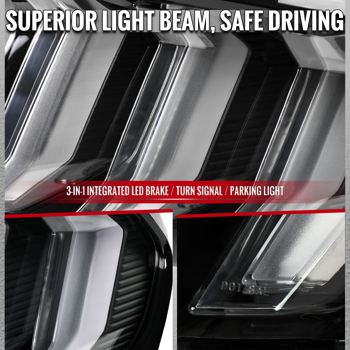 2015-2023 Ford Mustang S550 Sequential LED Turn Signal Euro Tail Lights (Black Housing / Clear Lens)