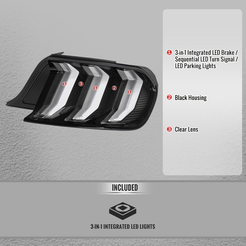 2015-2023 Ford Mustang S550 Sequential LED Turn Signal Euro Tail Lights (Black Housing / Clear Lens)